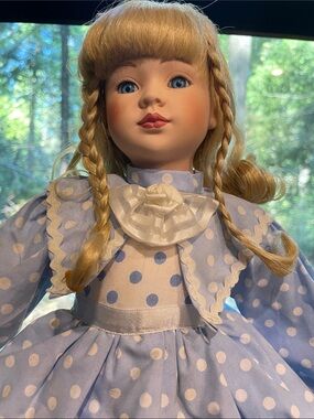 Porcelain Blonde Doll in Light Blue Polka Dot Dress
